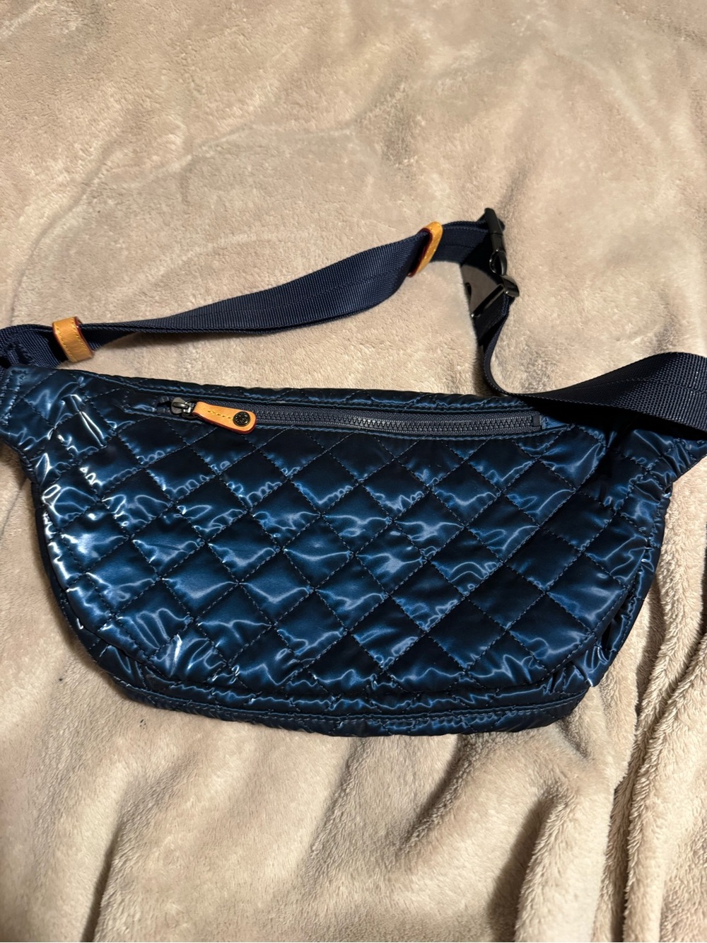 MZ Wallace Quilted Navy Blue Belt Bag with Tan Accents - Picture 2 of 6